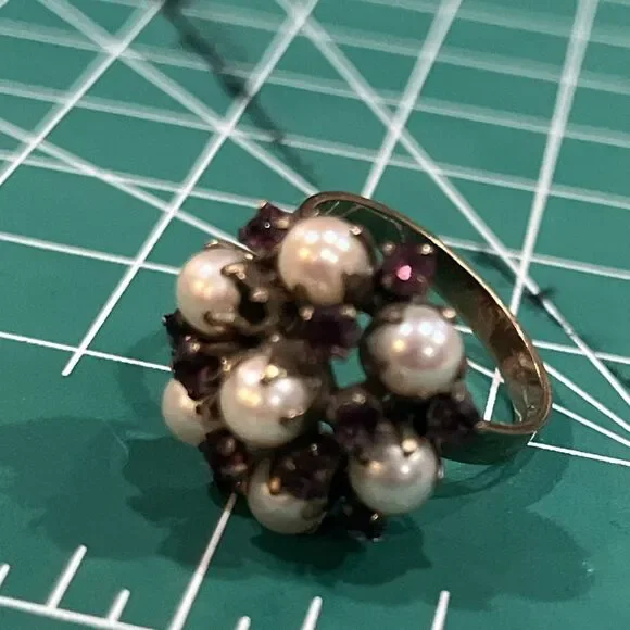 Vintage 10K Gold Seed Pearl Garnet Cluster Ring Victorian Style - Picture 10 of 10